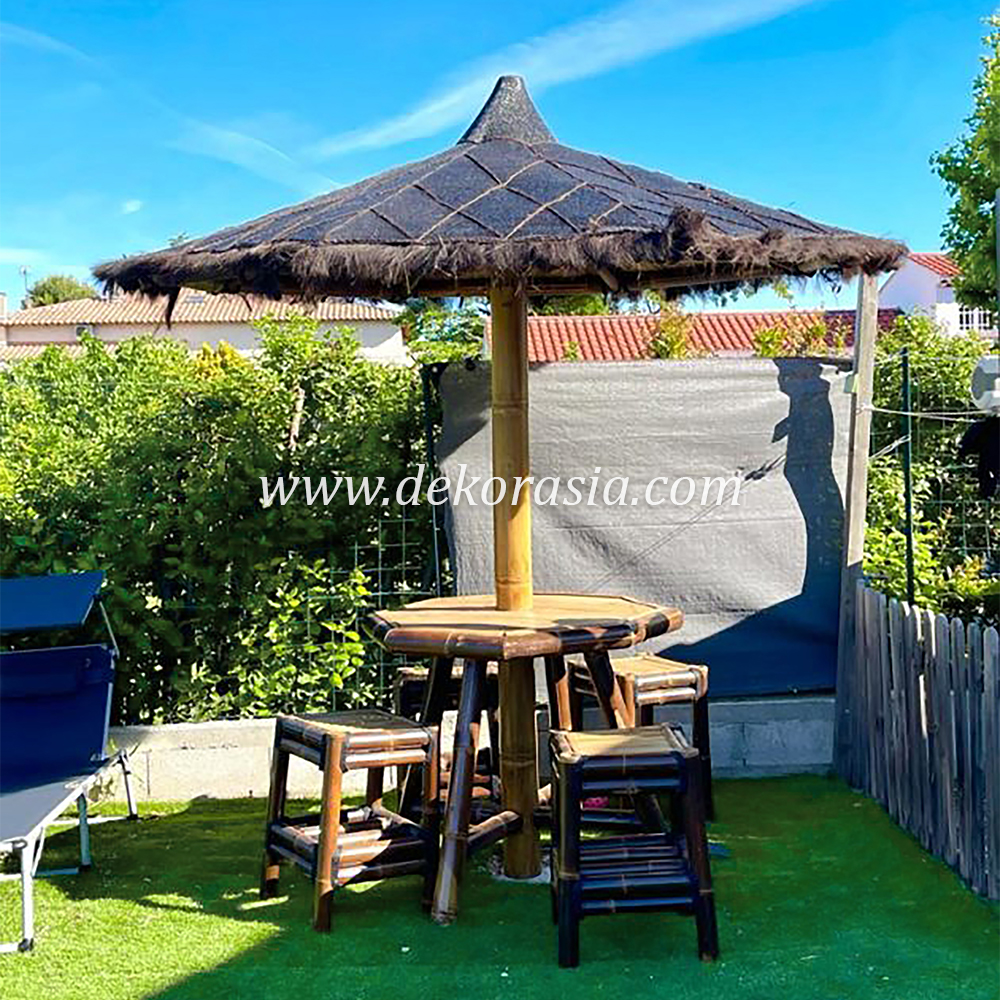 Bamboo Table with Umbrella for Home Garden, Bamboo Gazebo Outdoor
